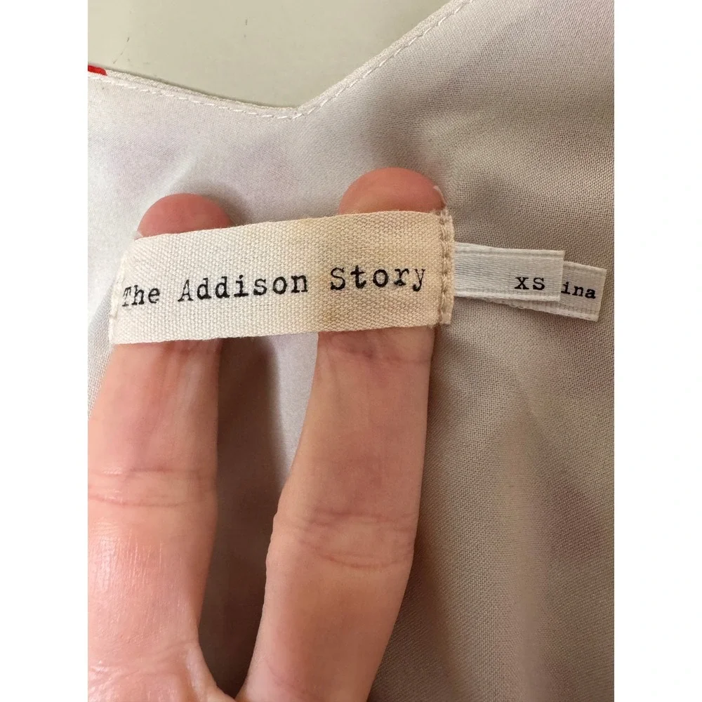 The Addison Story Anthropologie 100% Silk Red Dot Mini Dress XS Ruched Sleeve